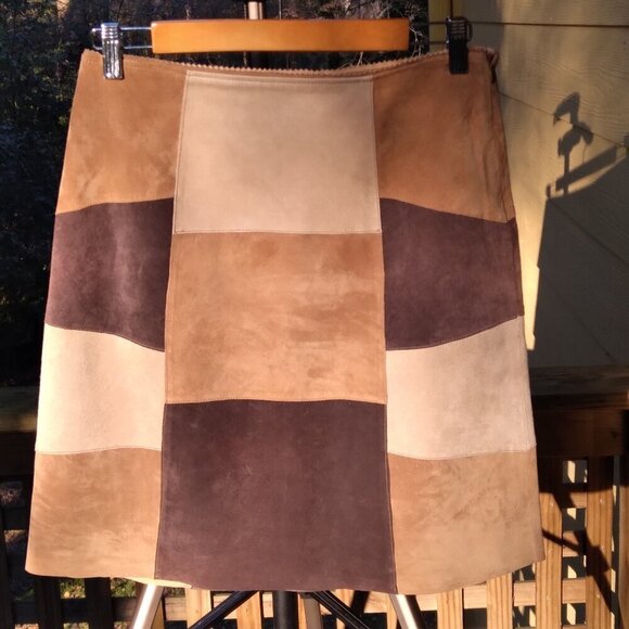 Limited Too Vintage 90's 3 Shades of Brown Suede Patchwork Mini Skirt Sz 16 - Picture 1 of 7